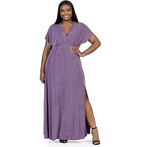 24seven Comfort Apparel Plus Size Flutter Sleeve Metallic Knit Maxi Dress Front Slit Empire Waist - 1 of 4