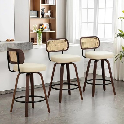 QingMoon Swivel Bar Stools Set of 2, 26" Counter Height Chairs, Faux Leather Upholstered Barstools with Walnut Back for Kitchen Island