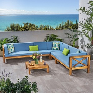 Christopher Knight Home Julie 6 Piece V-Shape Outdoor Acacia Wood Sectional Set with Coffee Table and Cushions - 1 of 4