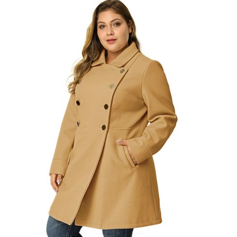 Unique Bargains Agnes Orinda Plus Size Long Coat for Women Notched Lapel  Warm Winter Double Breasted Coat