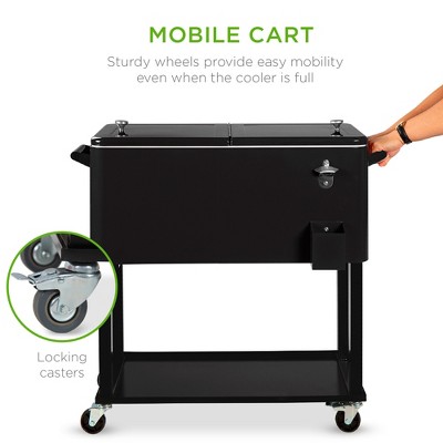 Black Steel Rolling Cooler Cart with Bottle Opener and Storage Shelf