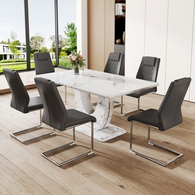 GDFStudio Anselm Modern 7 Piece Marble Pattern Dining Set with Faux Leather Chairs