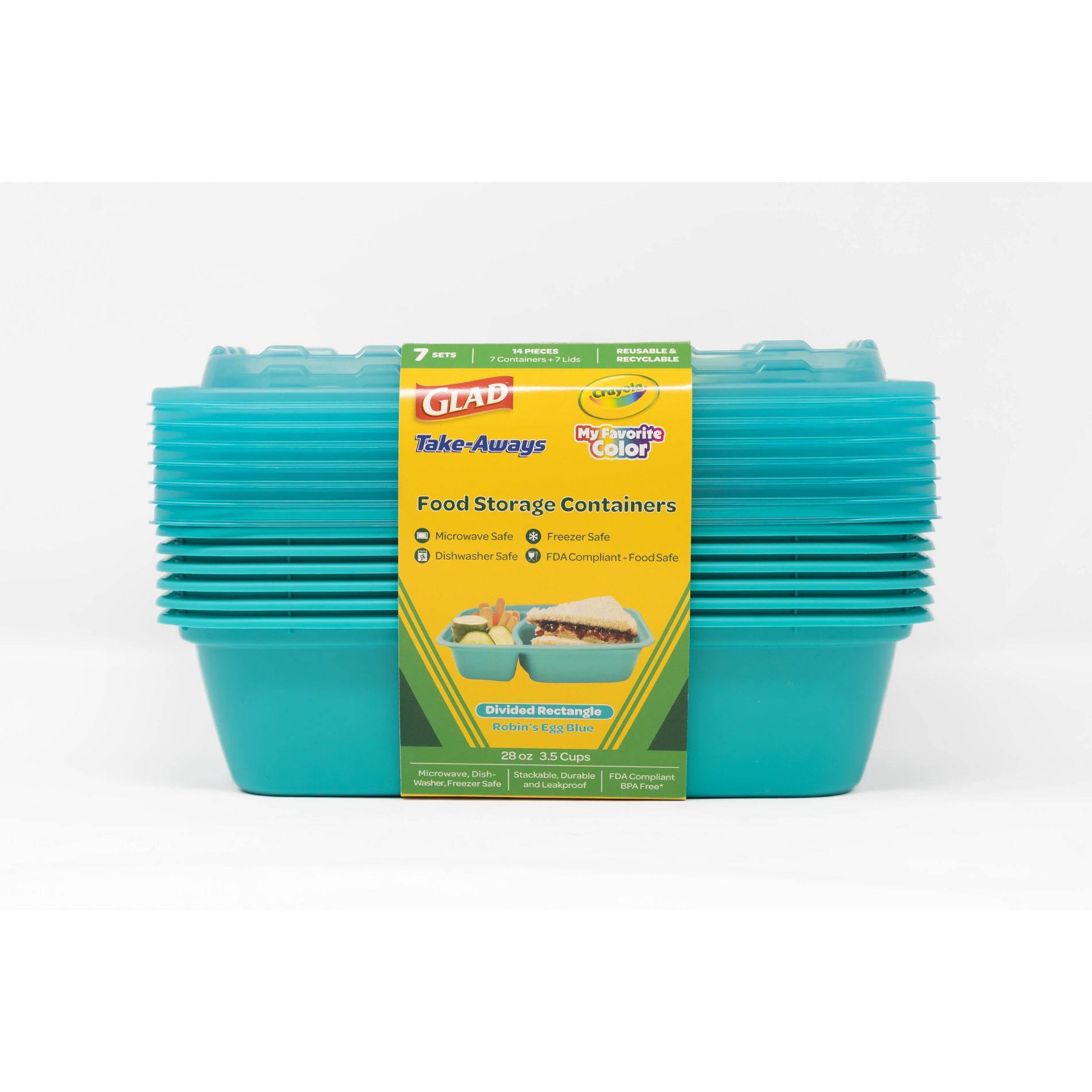Glad Crayola Take-Aways 28oz/7pk Divided Rectangle Food Storage Containers - Robins Egg Blue