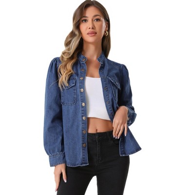 Allegra K Women's Mock Neck Puff Long Sleeve Button Down Denim Jacket