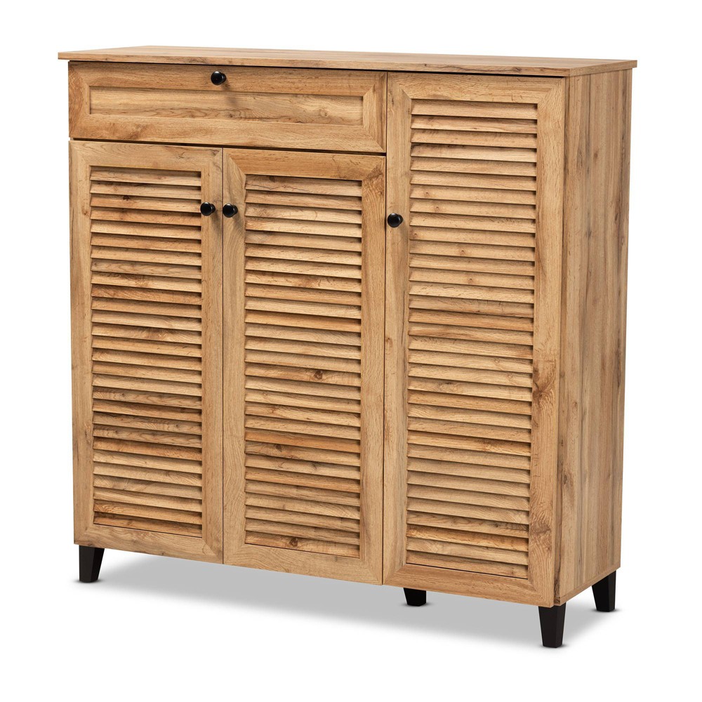 Coolidge Wood 3 Door Storage Cabinet with Drawer Oak Brown - Baxton Studio: 21-Pair Shoe Organizer, Tapered Legs
