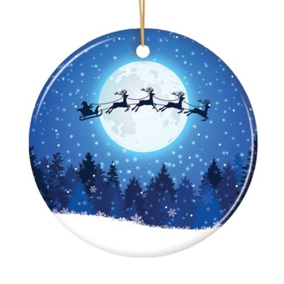 Santa Claus and Reindeer Silhouette over Full Moon Ornament, Nighttime Forest Snow Scene| OrnamentallyYou