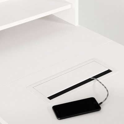 White L-Shaped Corner Desk with Hutch and Brass Legs