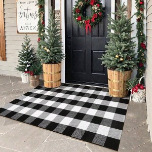 Buffalo Plaid Outdoor Rug 3x5, Farmhouse Cotton Front Door Washable Black and White Checkered Rug Welcome Layered - 1 of 4