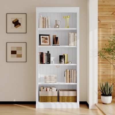 Vynxaria 83.4" Tall Wood Bookcase: 5-Tier Adjustable Shelves for CDs, Books & Movies, Free Standing for Living Room & Home Office, White
