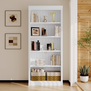 Vynxaria 83.4" Tall Wood Bookcase: 5-Tier Adjustable Shelves for CDs, Books & Movies, Free Standing for Living Room & Home Office, White - 1 of 4