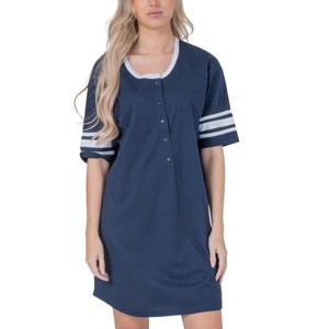 YafeMarte Women’s Short Sleeve Long Henley Nightshirt with Striped Sleeves and Pocket - 1 of 4