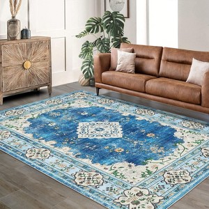 Coucheta Washable Bohemian Area Rug, Distressed Oriental Floral Pattern, Non-Slip Low Pile Carpet for Living & Dining Room, Bedroom, Nursery & Office - 1 of 4