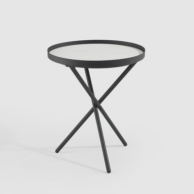 Modern Minimalist Intersecting Tripod Leg Side Table Black/Faux White Marble - Saracina Home: Powder-Coated Steel Frame, 21" Height