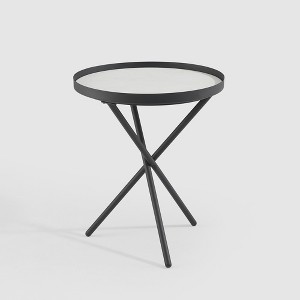Modern Minimalist Intersecting Tripod Leg Side Table Black/Faux White Marble - Saracina Home: Powder-Coated Steel Frame, 21" Height - 1 of 4