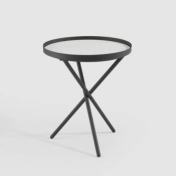 Modern Minimalist Intersecting Tripod Leg Side Table Black/Faux White Marble - Saracina Home