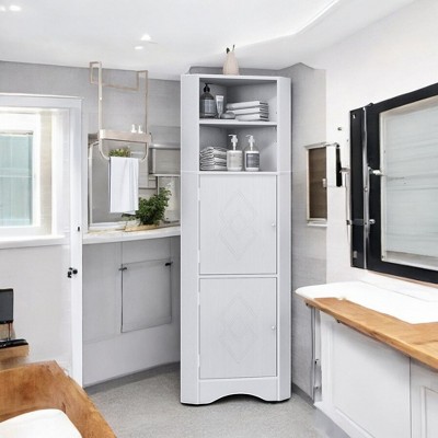 Alilang 14.96 Inch Corner Storage Cabinet with Double Doors and Open Shelves-White