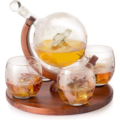 The Wine Savant Etched Word Car Design Whiskey and Wine Decanter Set, Includes 4 World Map Whiskey Glasses, Unique and Stylish Home decor - 750 ml