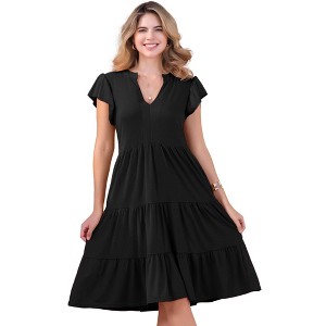 INSPIRE CHIC Women's Ruffle Short Sleeve V Neck Side Pockets Midi Dress - 1 of 4