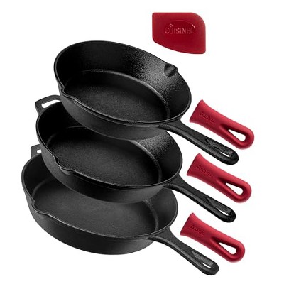 Cuisinel Cast Iron Skillet Set - 12", 10", 8" Pre-Seasoned Fry Pans with Silicone Handle Grips, Oven, Grill, Stovetop, BBQ, Campfire, Induction Safe