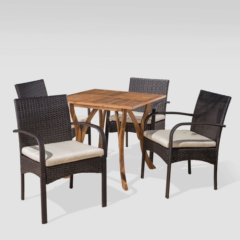 Hartford 5pc Acacia Wood and Wicker Dining Set - Teak/Cream - Christopher Knight Home, 3 of 8