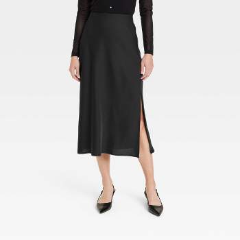 ALSLIAO Womens Silky Satin Midi Skirt High Waist Elastic Waist A Line Skirt  With Slit Black M 