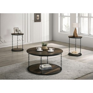 34" Natural Rustic Round Coffee Table Set of 3 with Storage Shelves and Metal Chain Legs for Living Room -3irtyhousy - 1 of 4