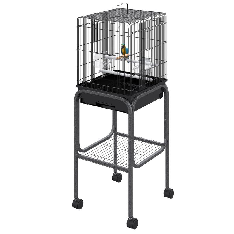 PawHut 44.5" Metal Indoor Bird Cage Starter Kit With Detachable Rolling Stand, Storage Basket, And Accessories - Black, 4 of 9