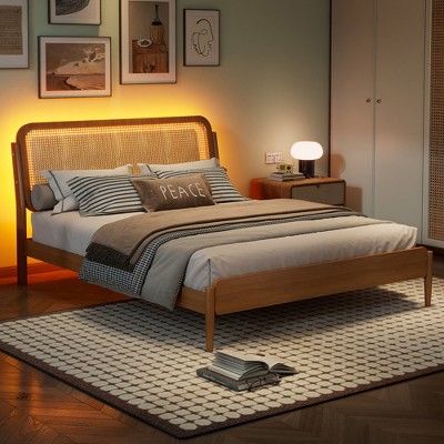 Whisen Queen Size Wood Storage Platform Bed with LED Light and Rattan Headboard