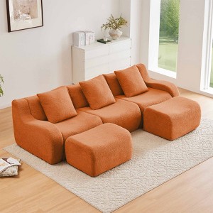 AENKYO Teddy Fabric Modular Deep Seat Sofa, 2 Pillows No Assembly Required Plush Boneless Sectional with Anti-Slip Base, Camel - 1 of 4
