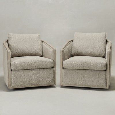 KINWELL 31"W Oak Frame Upholstered Swivel Barrel Armchair, Set of 2