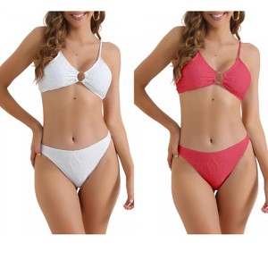 INSPIRE CHIC Women's O Ring Ribbed High Waist Adjustable Spaghetti Straps Swimsuit Bathing Bikini Suits 2 Sets - 1 of 4