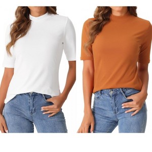 INSPIRE CHIC Women's Half Sleeve Casual Turtleneck Solid Elastic Soft T-Shirts 2 Packs - 1 of 4