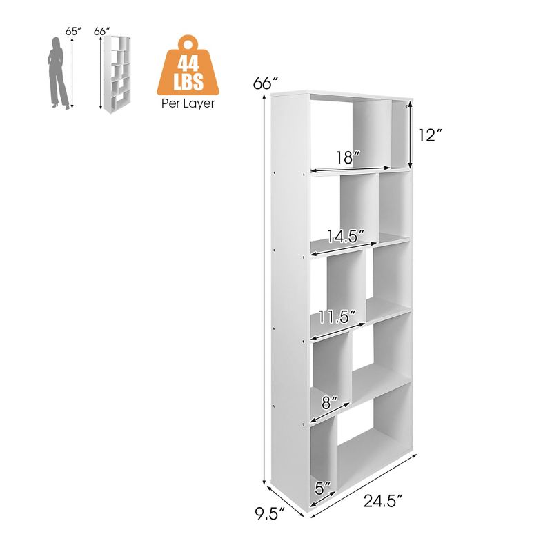 Costway 5-tier Wood Bookcase 66'' Tall Open Storage shelf Display Rack w/10 Compartments, 4 of 11