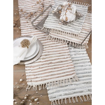 Gold and Beige Striped Cotton Leather Chindi Placemats Set of 4