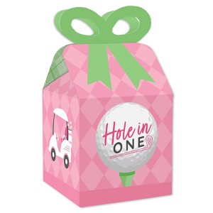 Big Dot of Happiness Golf Girl - Square Favor Gift Boxes - Pink Birthday Party or Baby Shower Bow Boxes - Set of 12 - 1 of 4