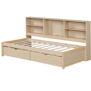 TiramisuBest Twin Size Bed Frame with Side Bookshelves, Two Drawers, and Built-in USB Port, Natural Color - 1 of 4