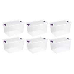 Sterilite 17571706 66-Quart ClearView Latch Box Storage Tote Container with Purple Handles for Home or Office Organization, 6 Pack