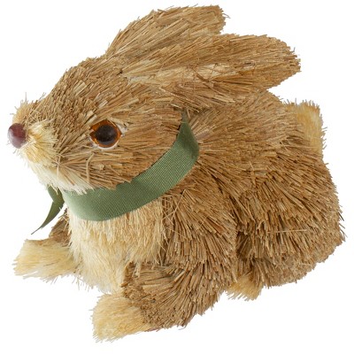 Brown Sisal Bunny Rabbit Figurine with Green Ribbon