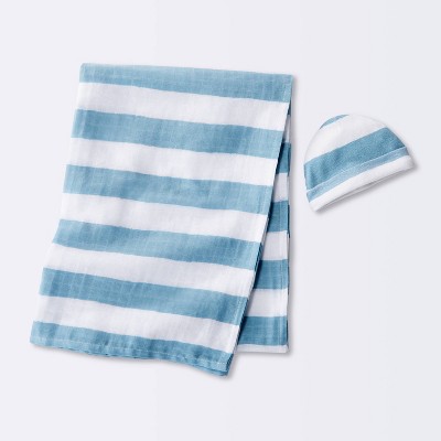Hospital Muslin Swaddle Baby Blanket and Hat Gift Set - Blue and White Stripes - 2pk - Cloud Island™