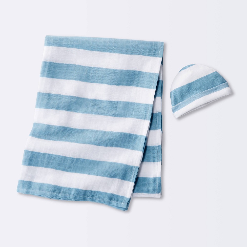 Photos - Duvet Hospital Muslin Swaddle Baby Blanket and Hat Gift Set - Blue and White Str