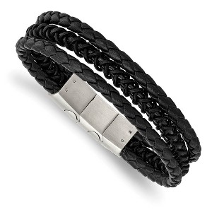 Black Bow Jewelry Two Tone Stainless Steel Black Leather Adj. Strand Bracelet, 7.5-8 In - 1 of 4