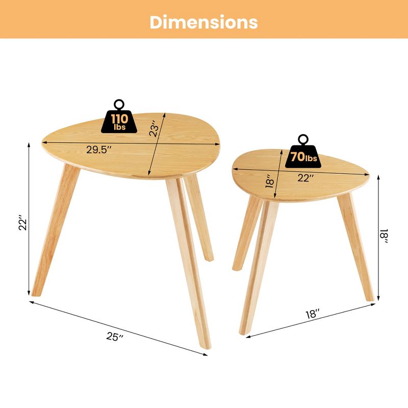 Costway Nesting Table Set of 2 Triangle Modern Coffee Table Rubber Wood for Living Room, 3 of 11
