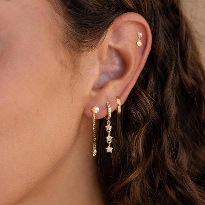 Pearl Dangle Hoop Earrings for Women - Dainty14K Gold Plated Small Drop Chain Hoops Trendy Earring Sets for