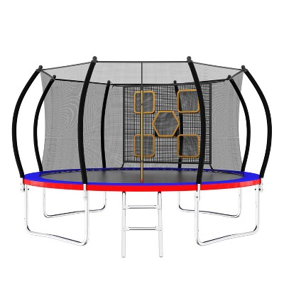BestParts 12FT Round Trampoline with Ladder, Enclosure Net & Toss Target Game – Red Steel Frame
