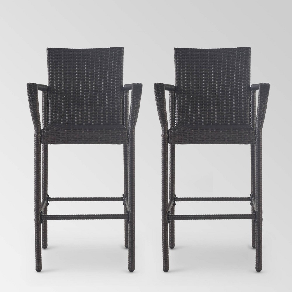 Delfina Set of 2 Wicker Barstool: Christopher Knight Home, PE Rattan & Metal Frame Patio Seating
