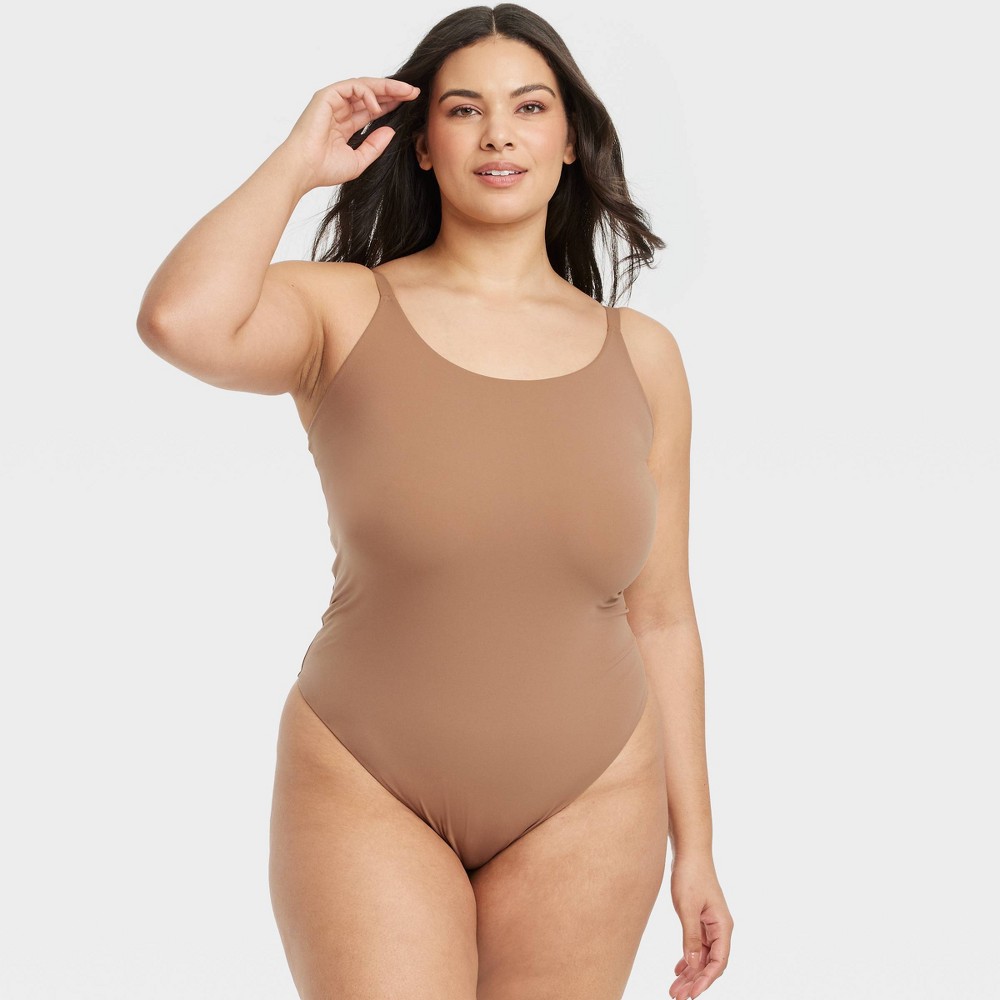 Women's 4-Way Stretch Cami Bodysuit - Auden™ Brown XXL: Nylon Spandex, Open Back, Adjustable Straps