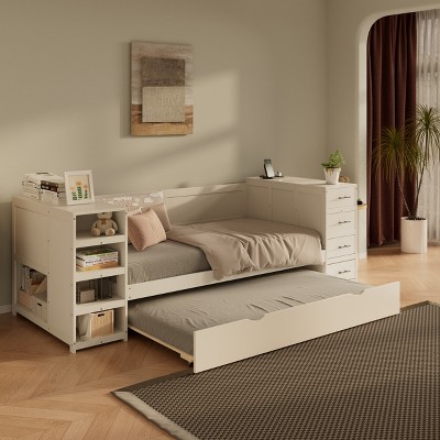 Twin Size Daybed with Storage, Built-In Desk & Charging Station, Wooden Bed with Side Shelves & Drawers/Trundle - ModernLuxe