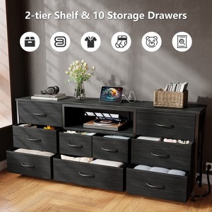 9 Drawer Dresser 63” Long TV Stand for Bedroom Center with Power Outlet & LED Light for 65"-75" TV Black Dresser with Fabric Storage Black - 1 of 4