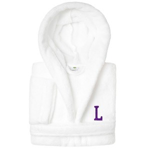 Personalized Linum Kids 100% Polyester SUPER PLUSH Double Brushed Hooded Bathrobe in Purple Bookman Font - 1 of 3