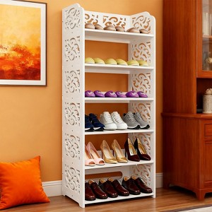 KTMBDW 5/6-Tier White Hollow Carved Shoe Rack - Wood-Plastic Board Storage Organizer - Narrow Entryway Boots Display Holder - 1 of 4